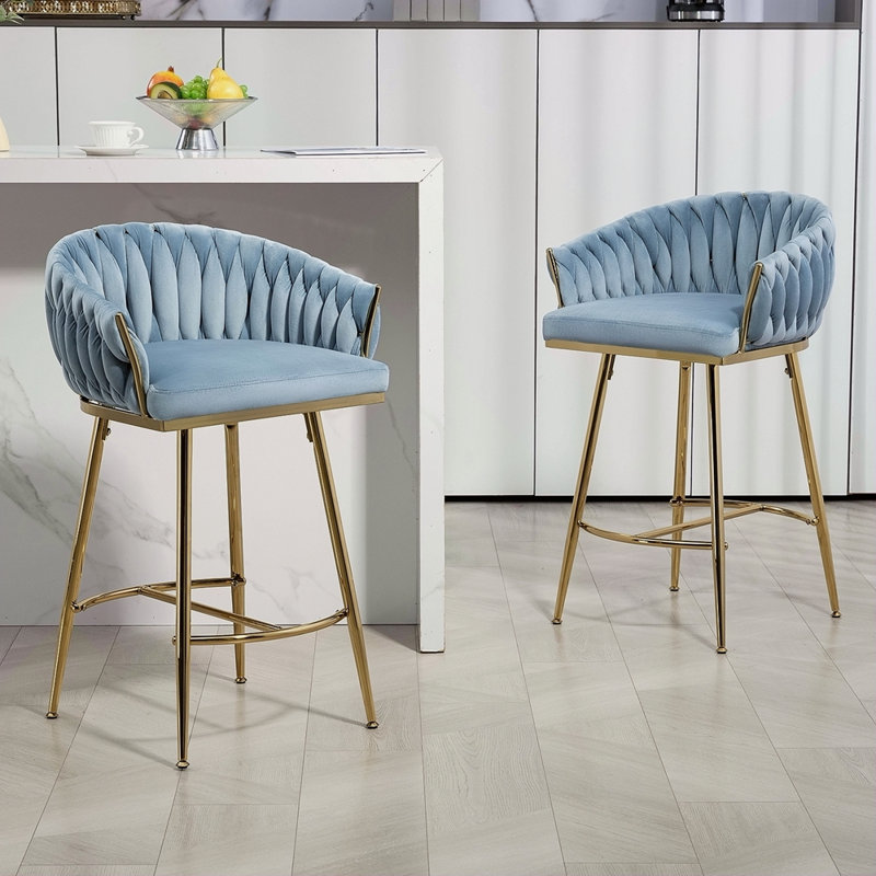 Ensemble de 2 tabourets de bar à hauteur de comptoir, tabouret de bar en velours pour îlot de cuisine avec dossier ondulé à la main, base chromée dorée et repose-pieds