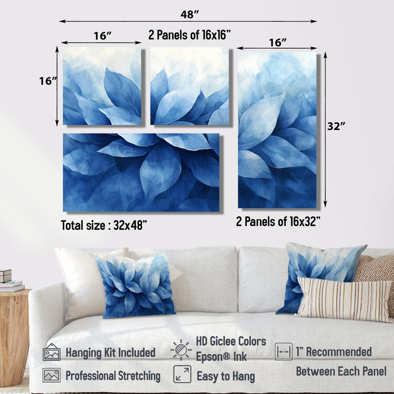 Bleu et brun délicats pétales de fleurs - art mural floral 4 pièces, Impression encadrée sans passe-partout, Doré