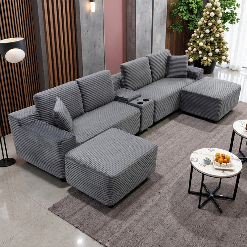Canapé modulaire en forme de L 125 po avec repose-pieds, porte-gobelets et recharge USB 125 po, Gris