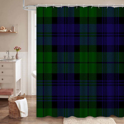 Scottish Plaid Green Black Blue Teal Shower Curtain with 12 Hooks