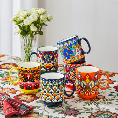 vancasso Bohemian Colorful Ceramic Coffee Mugs Set of 6, 14oz Large Stackable Cups, Microwave & Dishwasher Safe
