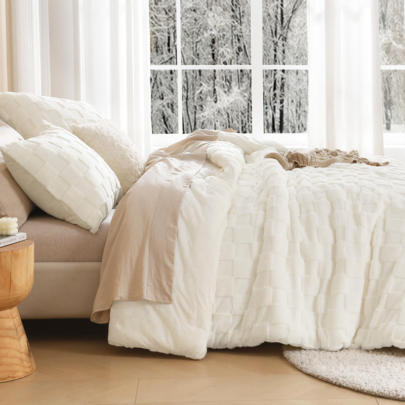 Ensemble d'édredon très grand lit moelleux Litanika blanc crème, ensemble de literie en molleton Sherpa beige 3 pièces, ensemble de lit pelucheux à carreaux jacquard ivoire (1 édredon, 2 taies d'oreiller)