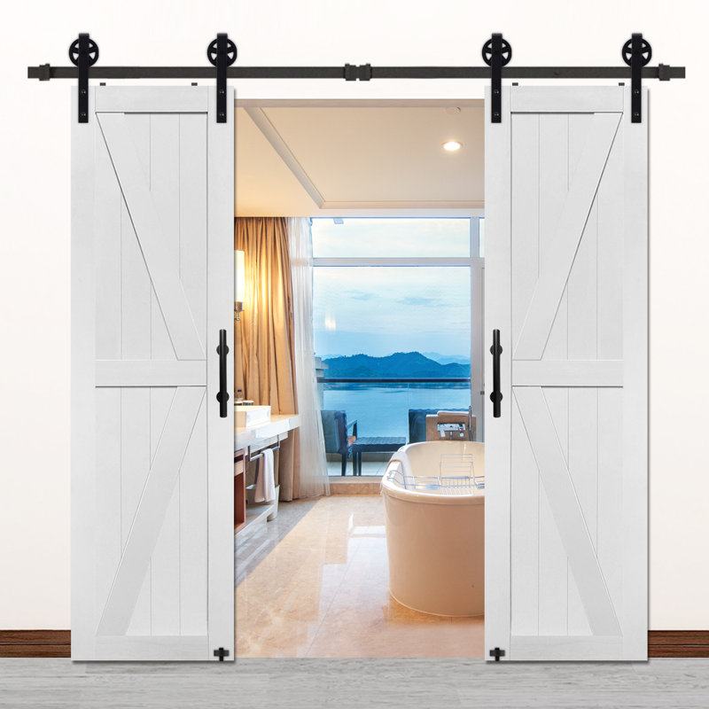 Porte de grange double en MDF avec porte coulissante S&Z TopHand®, dalle de porte de grange solide recouverte d'une surface en PVC imperméable