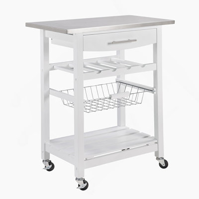 Mobile Rolling Kitchen Island Trolley Serving Cart with Underneath Drawer & Slide-Out Wire Storage Basket
