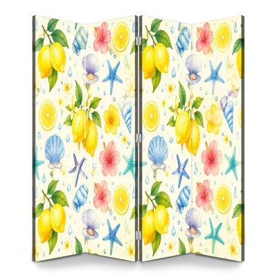 Paravent pliant à 4 panneaux, motif citrons royaux, coquillages, étoiles de mer et fleurs tropicales, en toile, séparateur de pièce autoportant, cloison de protection pour salle de bain, cloison de séparation pour plus d'intimité