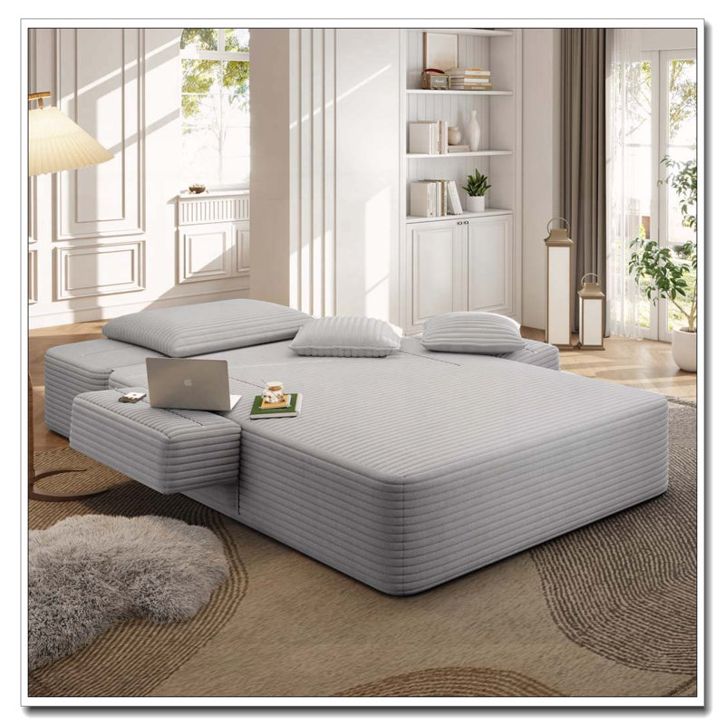 Chaise longue en velours côtelé avec 3 coussins, Gris clair