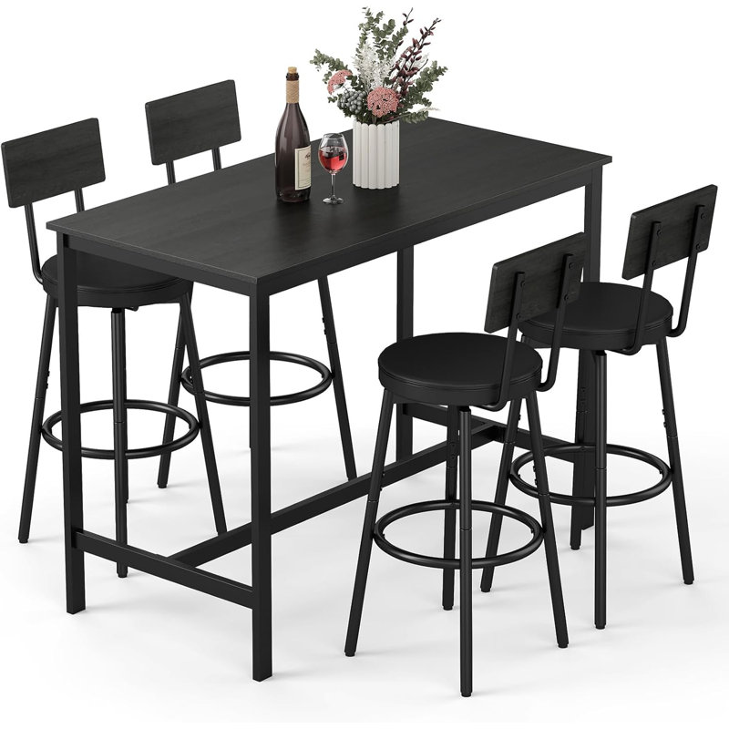 5 Piece Bar Table Set with 4 Bar Stools PU Soft Seat and Sturdy Metal Frame, Black, Black