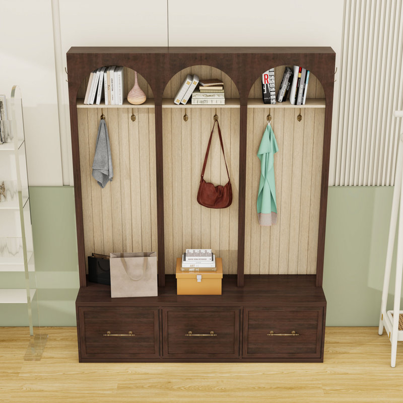 Hall Tree with 3 Drawers, 8 Hooks, Shelves and Bench, Dark Walnut