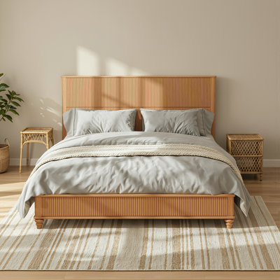 53.94" Solid Wood Platform Bed Frame with Tall Headboard, King Natural Wood Bed