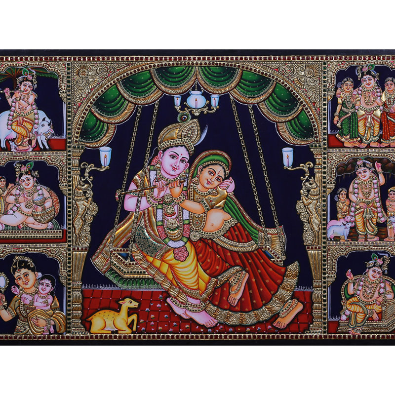 Radha Krishna sur une balançoire | Couleurs traditionnelles avec or 24 carats | Avec cadre