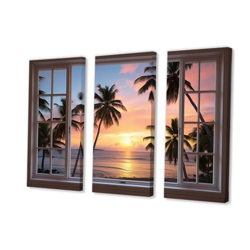 Vue tropicale de l'océan par une fenêtre blanche ouverte I 3 pièces, H 28 po x l 36 po x P 1 po