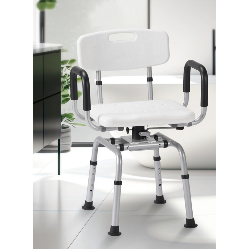 360 Degree Swivel Shower Chair, Adjustable Height Rotating Seat Bathtub Chair With Armrests And Back, White