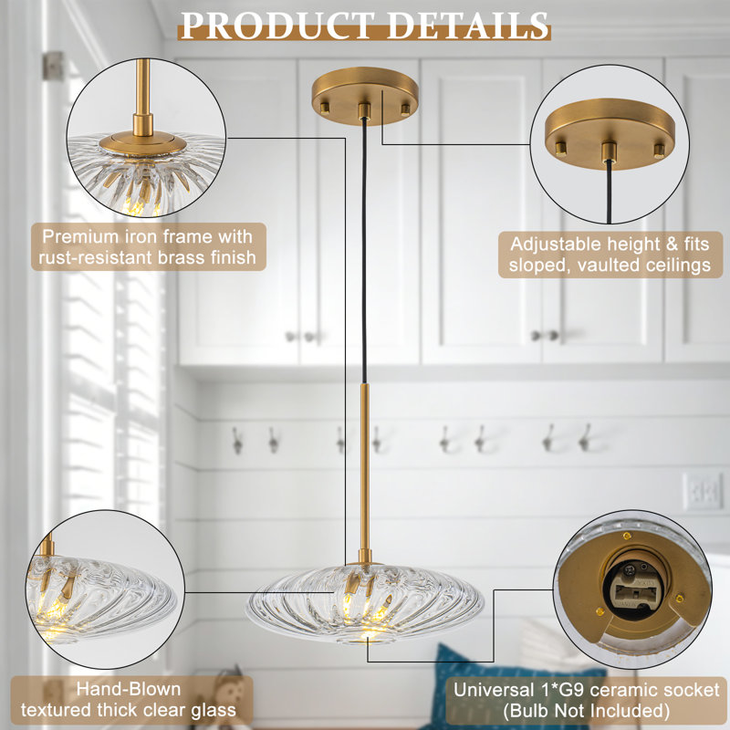 Suspension Art Déco moderne à une lumière en verre côtelé, luminaire suspendu en laiton antique de style OVNI avec cordon ajustable pour îlot de cuisine