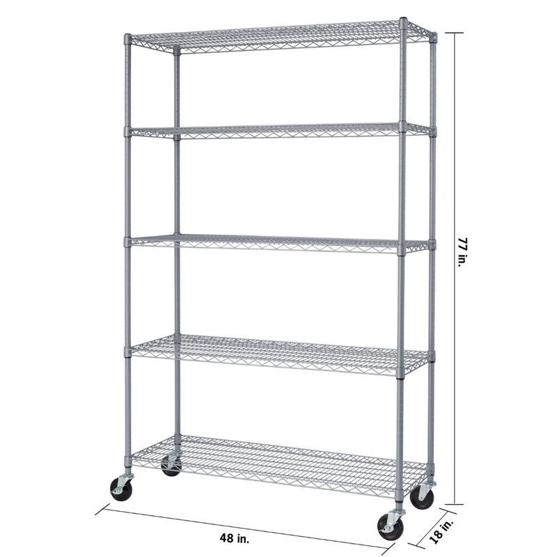 Gray Adjustable 5-Tier Steel Wire Shelving Unit with Wheels