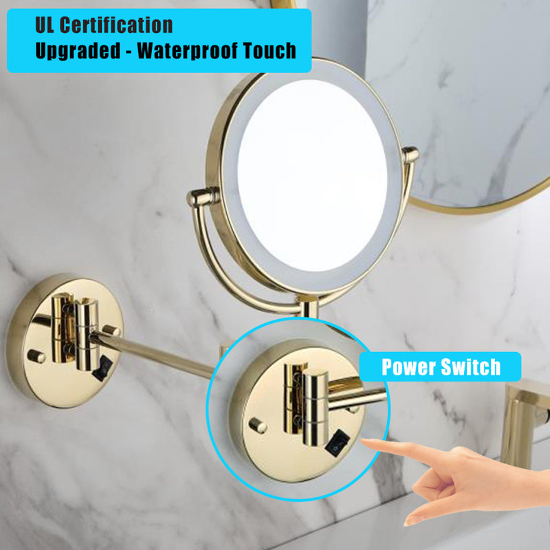 Miroir de beauté mural 8 po avec deux bras grossissants 12 po - Doré, grossissement 1 / 3x, rotation de 360 degrés, support de meuble-lavabo étanche 12 po, finition dorée, grossissement, pivotant,