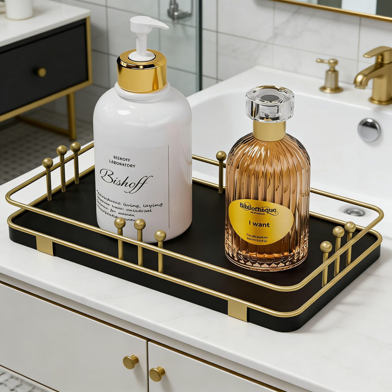 Decorative Tray For Bathroom Vanity And Kitchen Countertop, Multi-Purpose Organizer For Toiletries, Makeup, Perfume, Jewelry, And Spices With Non-Slip Mat And Modern Design