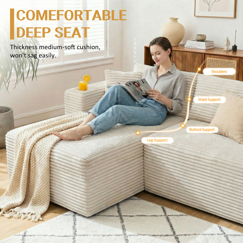 102.3" Cloud-Like Modular Sectional Sofa, Beige Corduroy