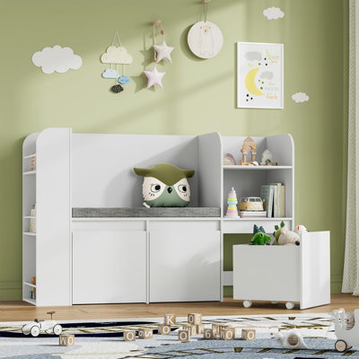 Kids Bookshelf with 3 Movable Drawers, Toy Storage Organizer with Reading Nook and 3-Tier Books, Children Bookcase with Seat Cushion for Kids Rooms, P by Isabelle & Max