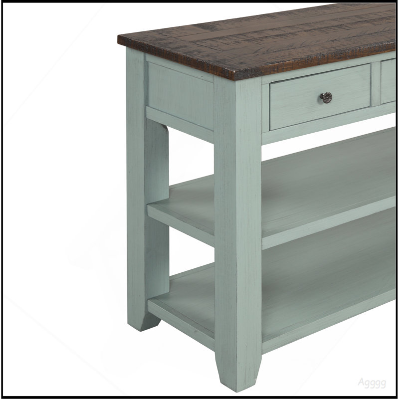 Console en bois de pin massif 48 po, table d'appoint moderne avec 3 tiroirs de rangement et 2 tablettes. Facile à assembler (bleu rétro + plateau)