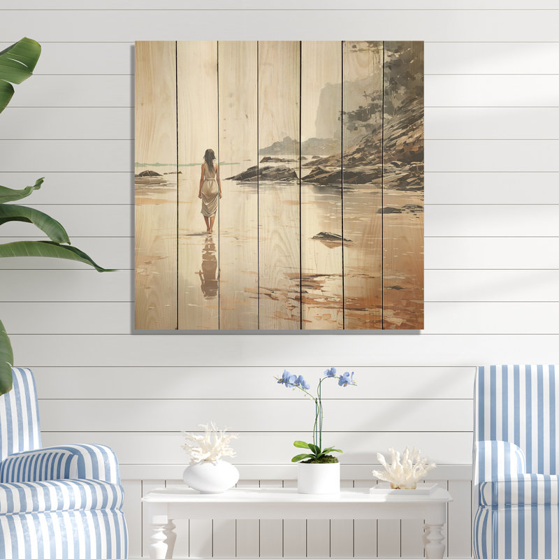 Coastal Pebble Beach II - Minimalisme côtier sur bois, H 15 po x l 15 po