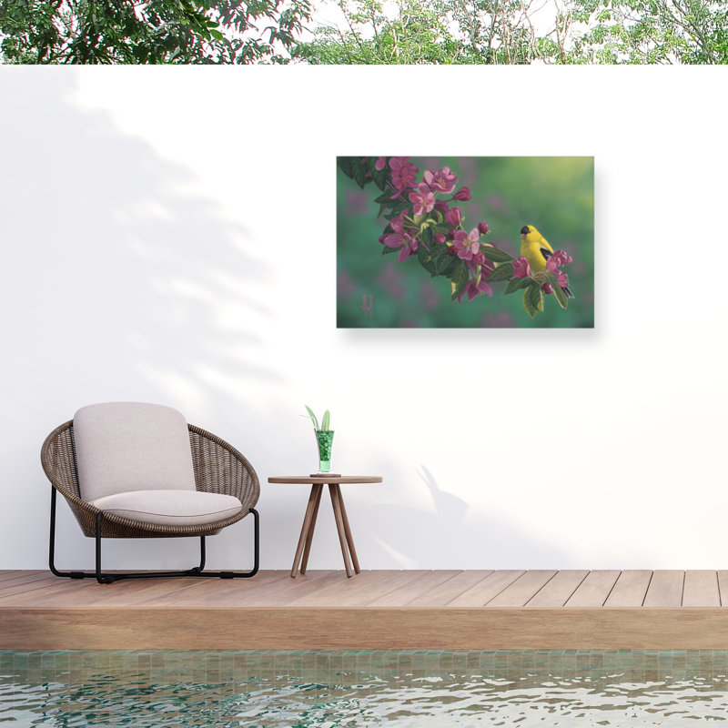 Jeff Hoff, chardonneret et toile d'extérieur rose, H 16 po x l 24 po