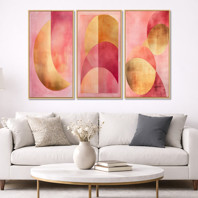 Blush & Gold Arcs - Art abstrait encadré 3 pièces, 40" H x 60" W, Cadre flottant en bois naturel