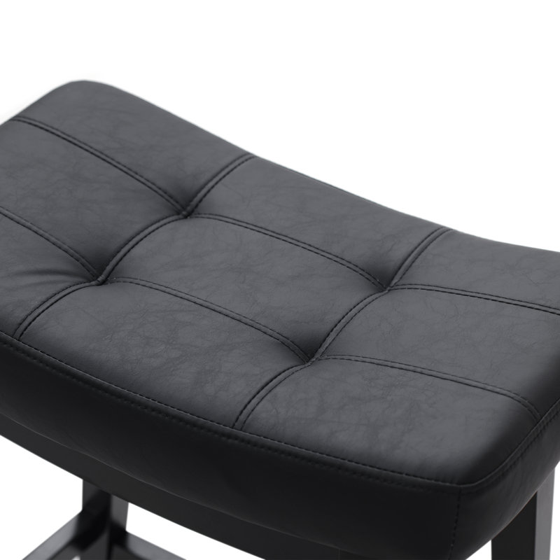 24" Solid Wood Saddle Bar Stools Ideal for Kitchen Island and Counter, PU Leather Black Seat / Black Frame