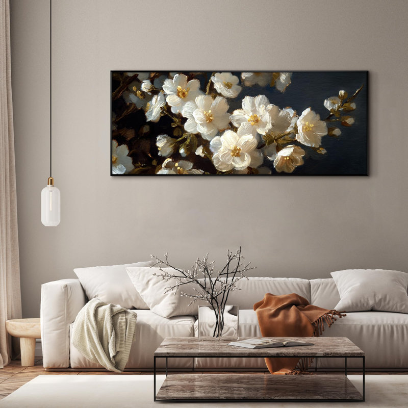 Reproduction d'art encadrée blanche blanche florale réaliste, H 24 po x l 60 po
