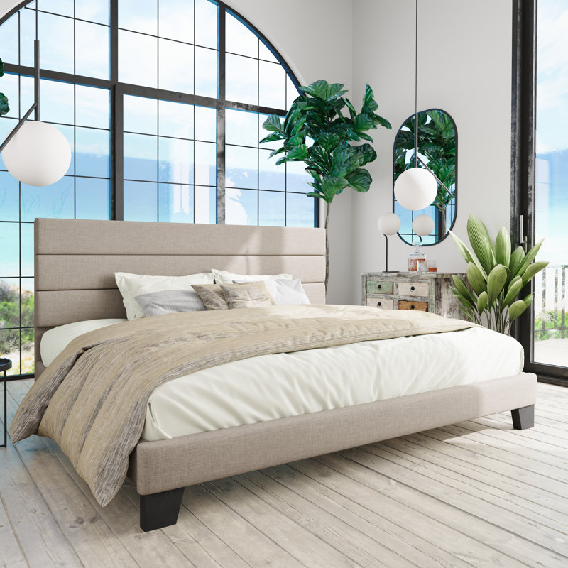 Elison Platform Bed with Fabric Upholstered Headboard and Wooden Slats, King, Beige