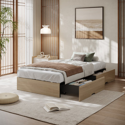 Structure de lit plateforme simple TG avec 2 tiroirs de rangement - lattes en bois de chêne naturel, base de lit robuste à profil bas, aucun sommier requis, mobilier de chambre à assembler facile