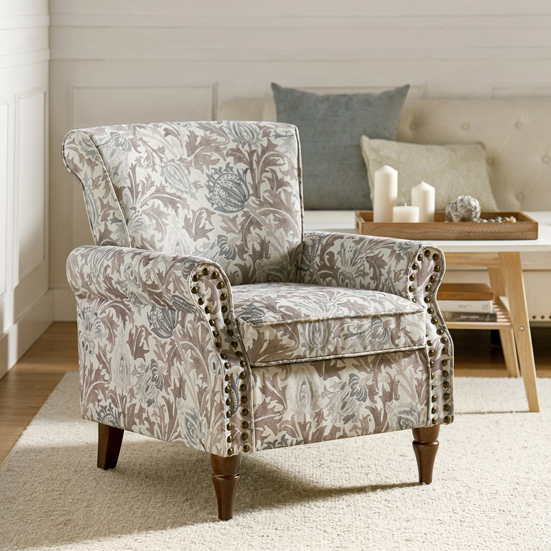 Fauteuil Asul avec garniture cloutée, Mélange de polyester gris clair
