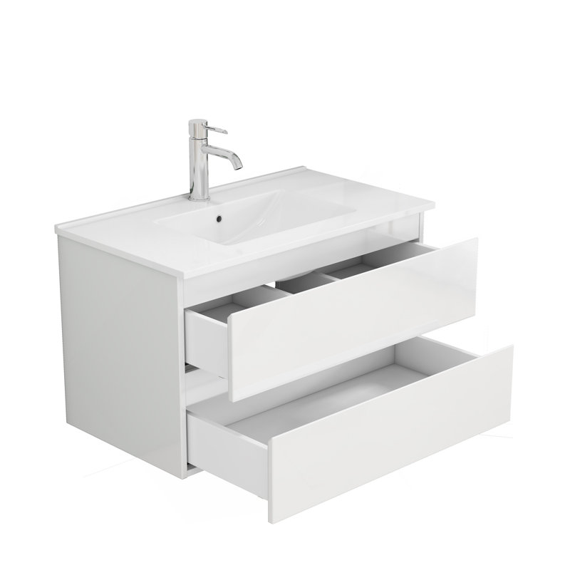 Meuble-lavabo de 31,5 po avec lavabo combiné, armoire avec 2 grands tiroirs, système de fermeture en douceur, 2 grands tiroirs, conception sans poignée, assemblage facile, blanc brillant