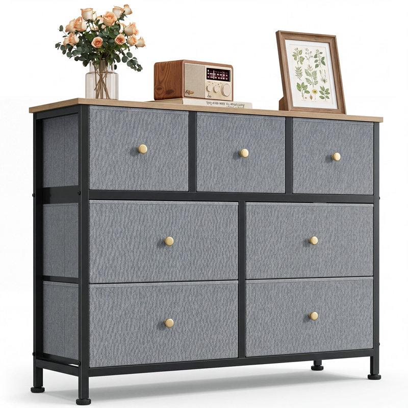 Verdi 7 Drawer 39.3" W Chest of drawer with Wood Top & Fabric Drawer, Blue