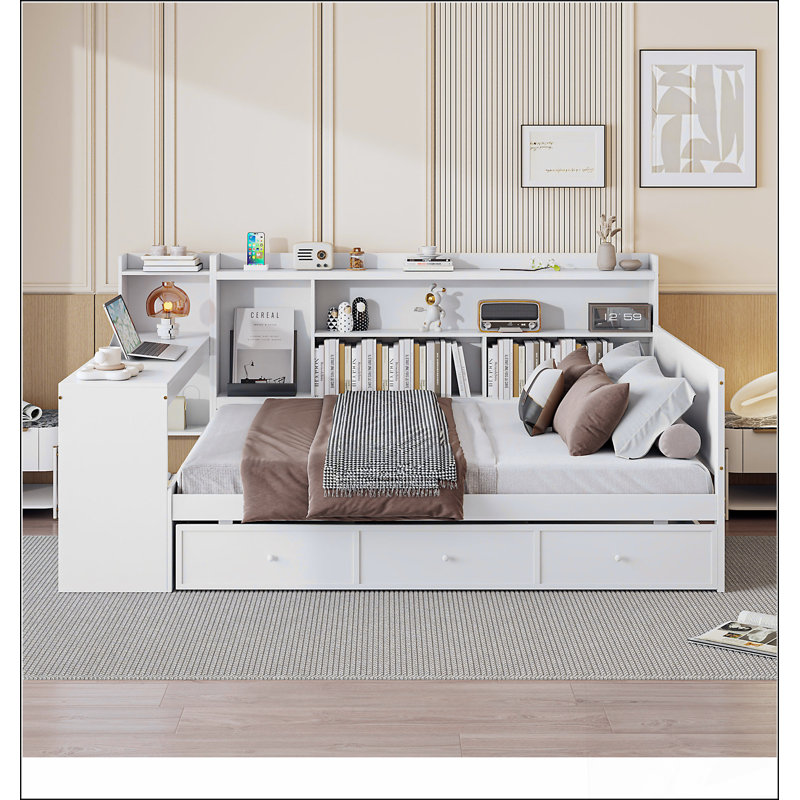 Lit de jour en bois pleine grandeur avec 3 tiroirs, ports USB et bureau, parfait pour la vie multifonctionnelle et la commodité moderne.