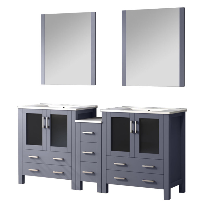 Gris foncé foncé de 72 po W Double meuble-lavabo, comptoir en céramique blanche, miroirs inclus, conception de tiroir à fermeture douce, armoires latérales de meuble-lavabo Scratch, 28 miroirs, système, surface
