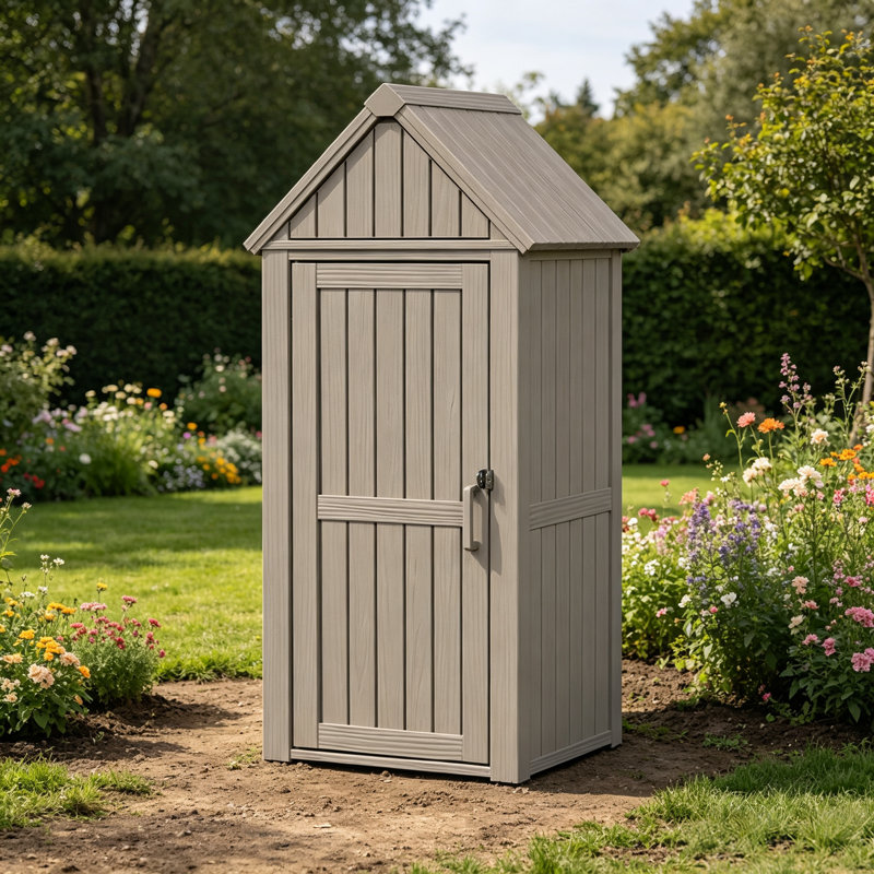 Armoire à outils verrouillable résistante aux intempéries avec finition en forme de bois et toit incliné pour patio