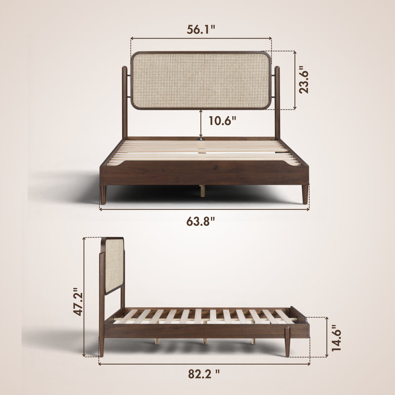 Ariston Queen Platform Bed with Handwoven Natural Rattan Headboard – Walnut Veneer, Solid American Walnut Legs, Relaxed Luxury Design, Silent Slats, Effortless Assembly, Queen – Dark Walnut