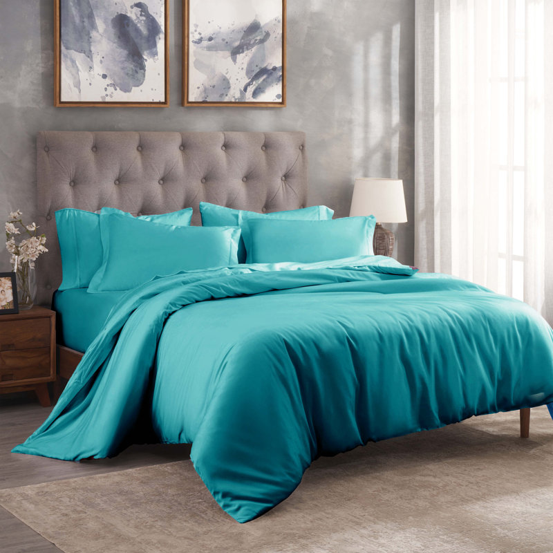Ensemble de housse de couette unie en mélange de coton égyptien 300 fils avec taies décoratives, Sarcelle
