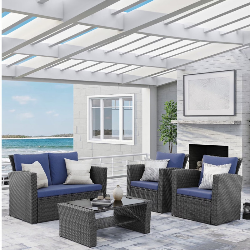 Ensemble de conversation 4 pièces pour patio avec coussins et table, Bleu