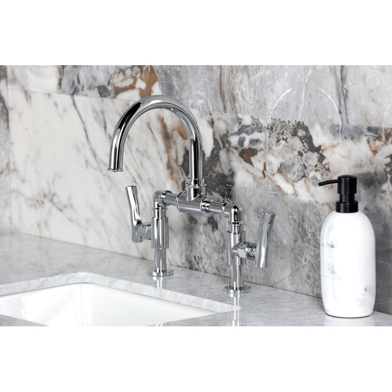 Kingston Brass Hallerbos Two-Handle 4-Hole Deck Mount Bridge Bathroom Faucet with Brass Pop-Up Drain, Polished Chrome