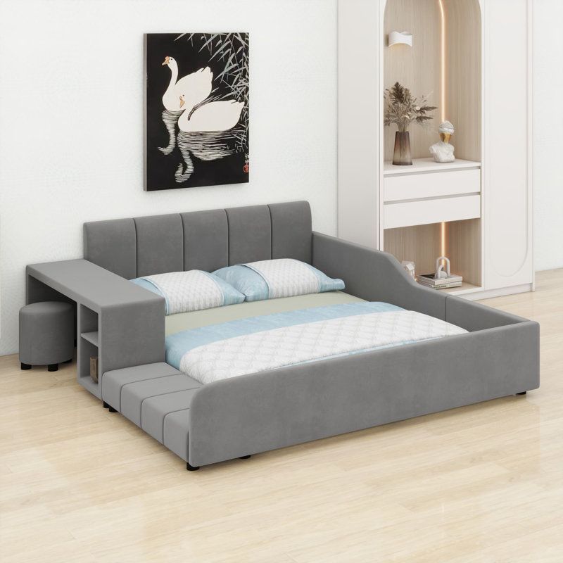 Lit tapissier au sol, lit d'enfant avec bureau de chevet et petit tabouret rond, Grand, Gris clair