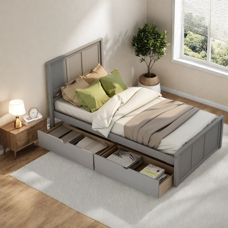 Lit plateforme simple avec roulettes et rangement, bois gris, pour l'organisation à la maison