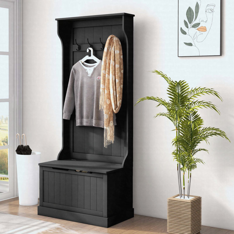 Arbre d'entrée 28 po 3-en-1 avec banc de rangement, portemanteau et rangement pour chaussures, noir, Noir