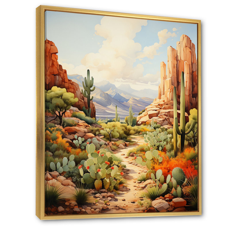 Dipaydran, Mexique, cactus, oasis, empâtement I - impression, Cadre flottant doré, H 32 po x l 16 po x P 1 po