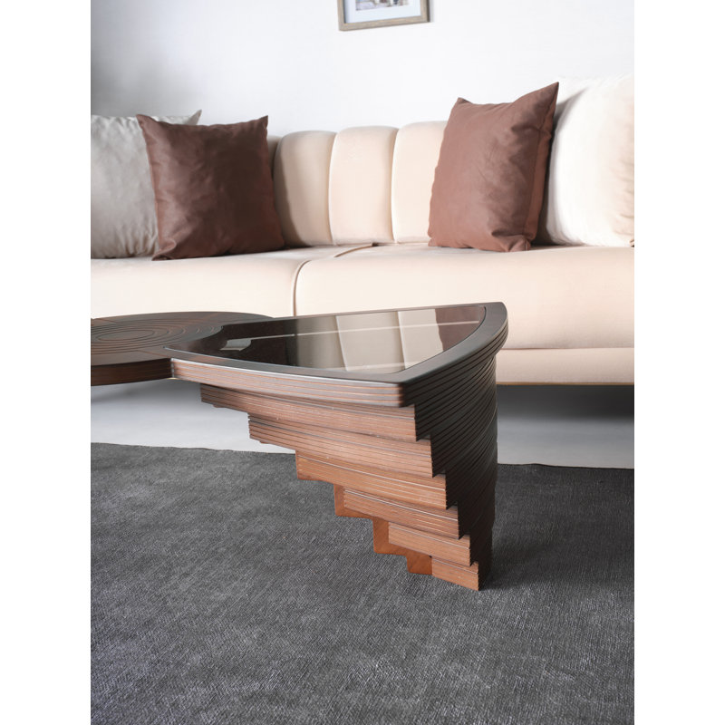 Table basse modèle Vindula, centre de table en bois, plateau en verre trempé, placage de noyer