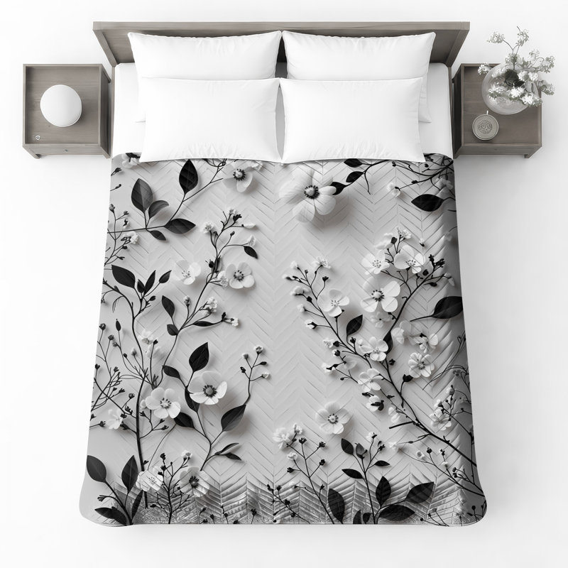 Black Floral Pattern Quilted Bedspread All Sizes, King