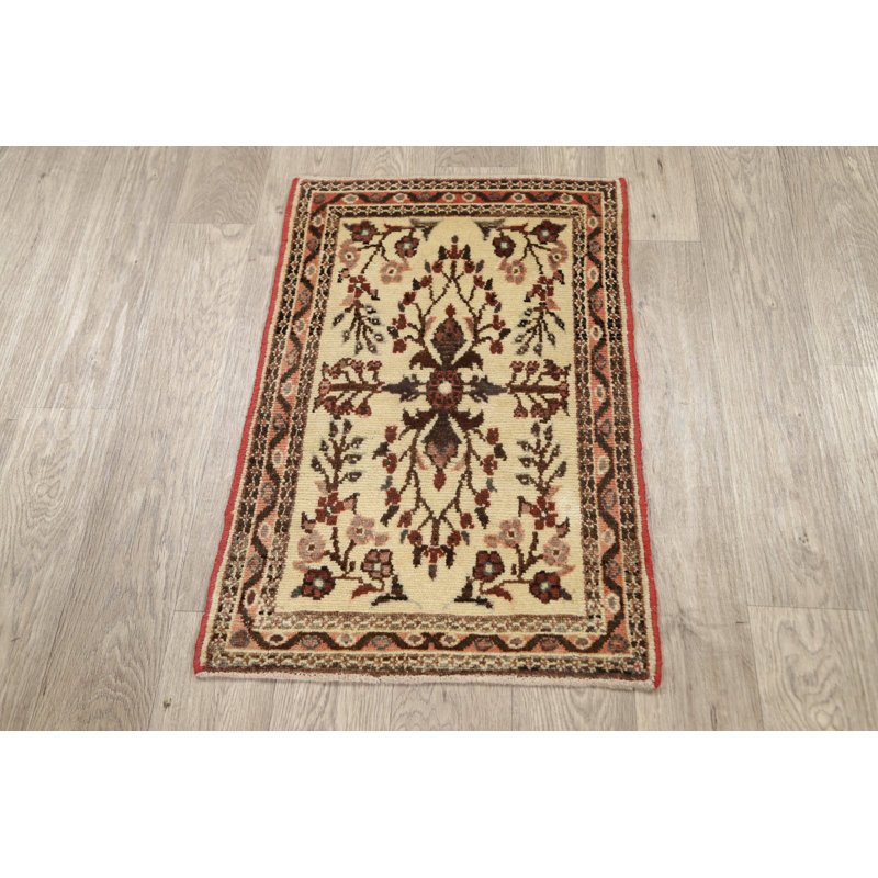 Tapis beige en laine noué à la main de conception unique 1 pi 9 po x 2 pi 9 po années 1980 Joshana