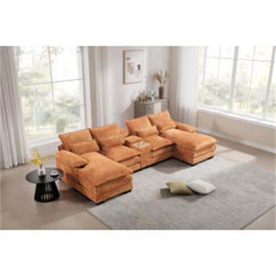 Canapé moderne en forme de U avec console, porte-gobelets et ports USB, mobilier symétrique 6 places pour salon et appartement, idéal pour la détente et le divertissement