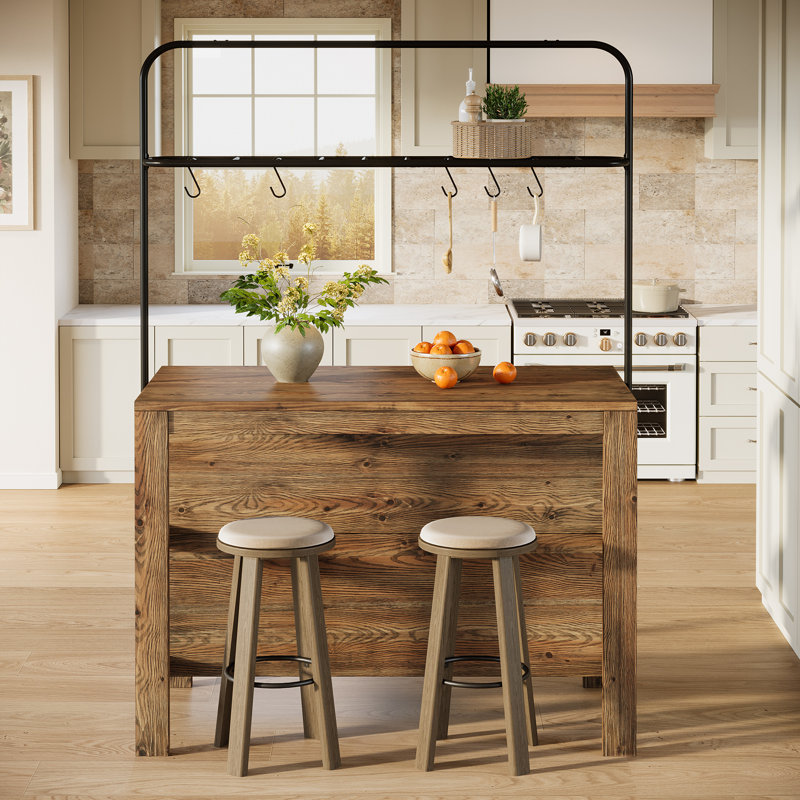 Wooden Kitchen Island with Storage Shelf and 5 Hooks, Stationary Island Table with Large Countertop