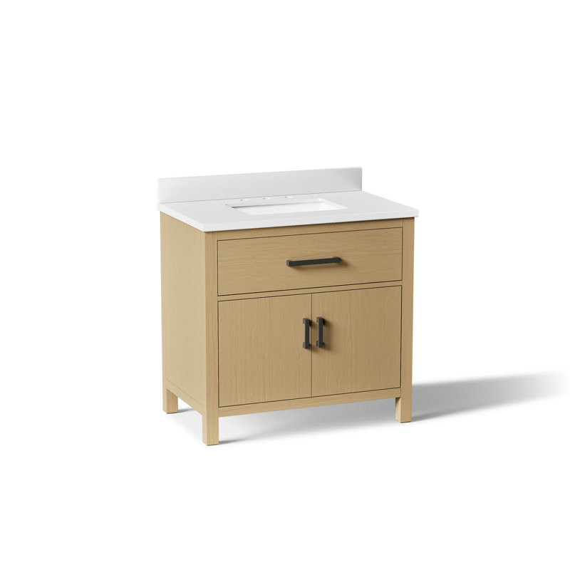 Kresla 36 In. Bathroom Vanity Cabinet With Sink And Quartz Top, Light Oak, Matte Black